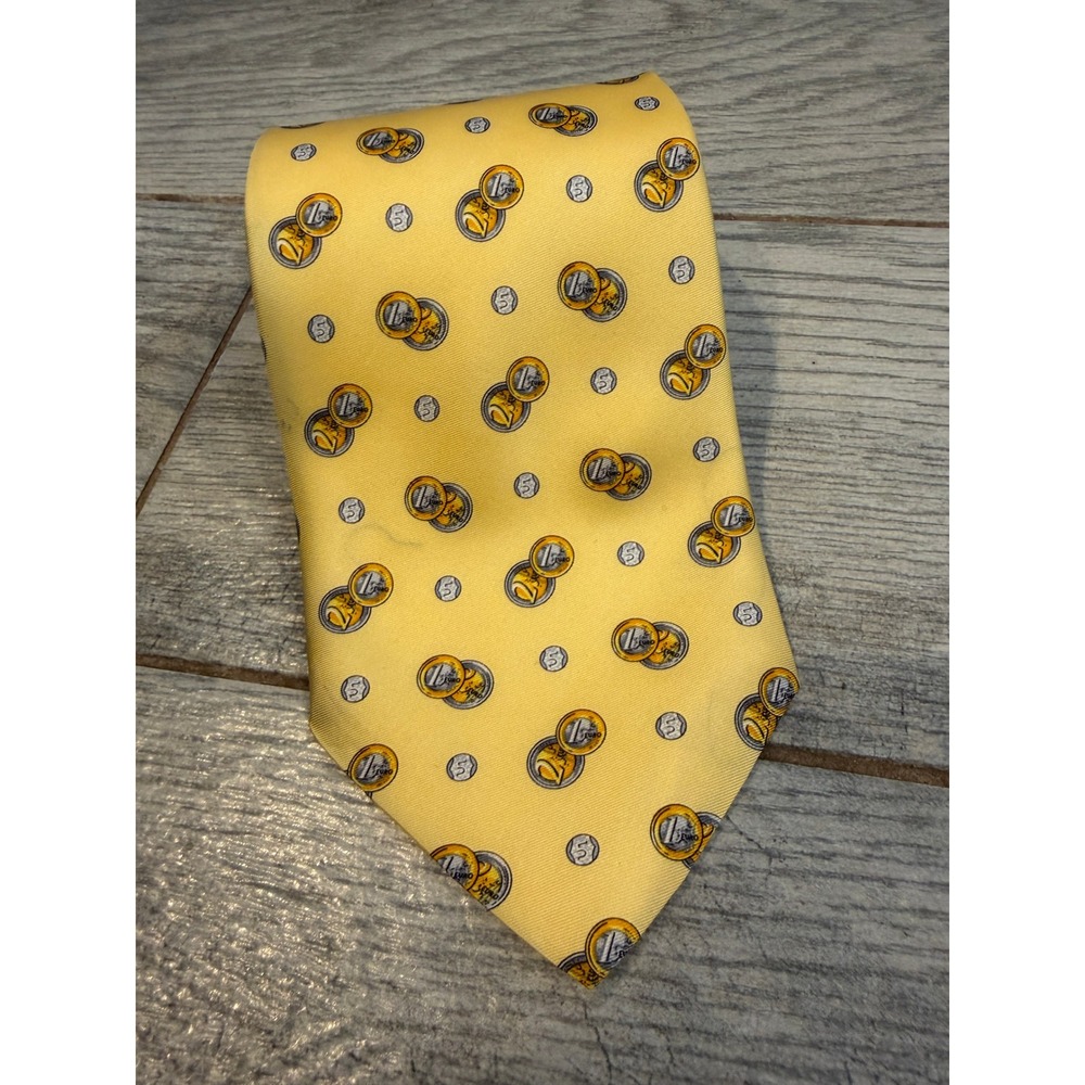 Pura Seta Necktie Euro Coin Novelty Tie 100% Silk Made in Italy Vintage Yellow